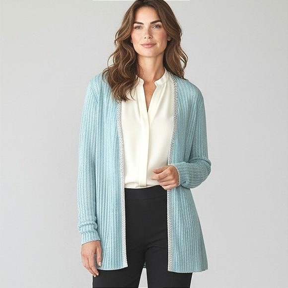 St. John Sweaters - St John Evening Marie Gray Blue Knit Cardigan Sequin Trim Jacket Sz 12 USA Vtg